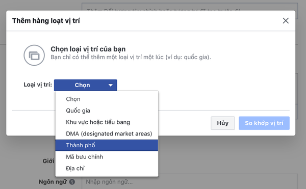 Để target theo khu vực địa lý chủ shop chọn khu vực hiển thị quảng cáo cụ thể.